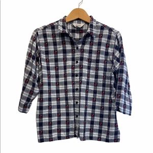 2/$25 Vintage Apples Checkered Farmhouse Style Blue & White Shirt Size M GUC